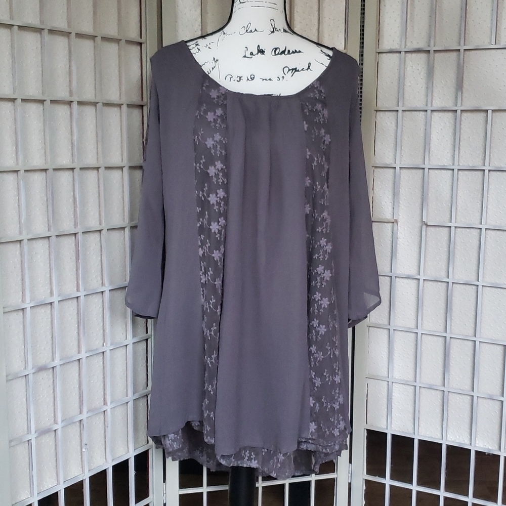 World Market long sleeve embro lace tunic boho fully lined  dress  gray size XXL
